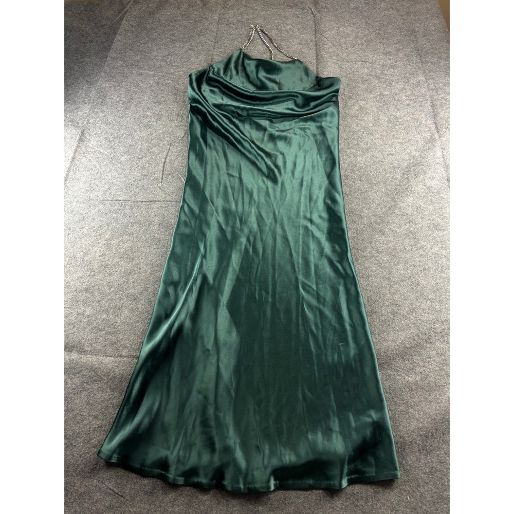 Nafsika Skourti Size M? Green Satin Maxi Dress Rhinestone Halter Slit Formal SEE